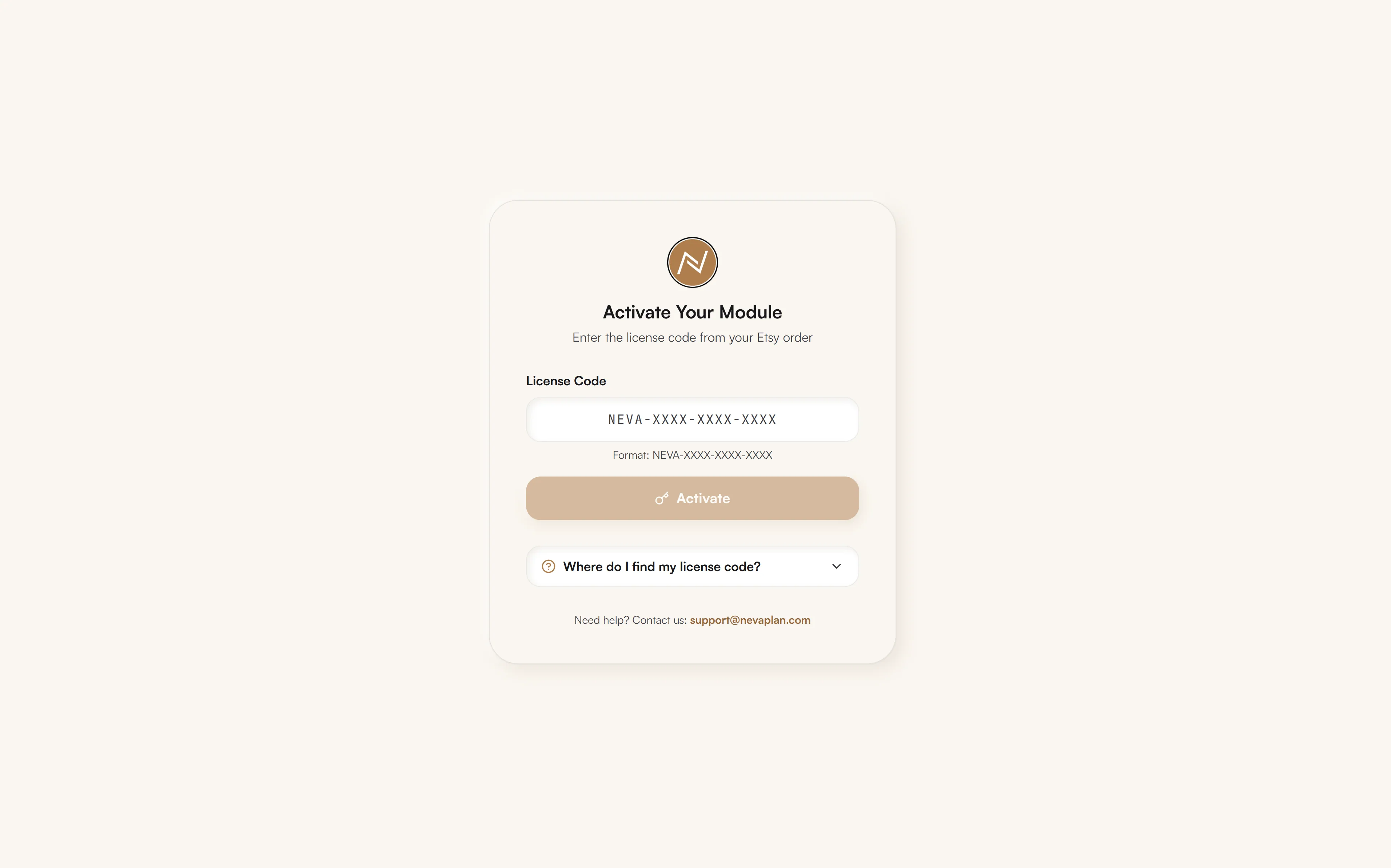 Activate license code form