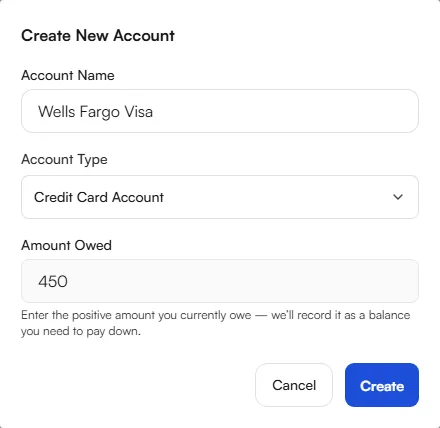 Create New Account form with a credit card account and an Amount Owed field