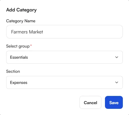 Add Category form with Category Name, Select group and Section fields