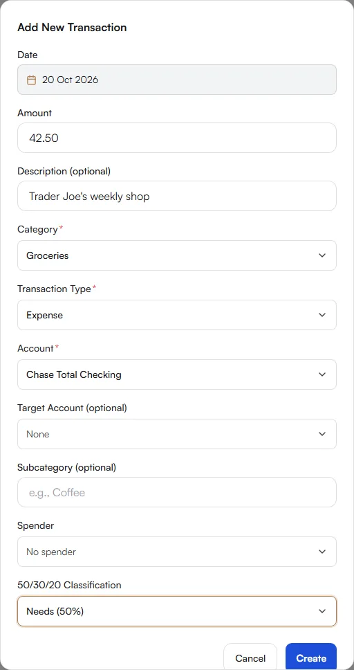 Add New Transaction form with amount, description, category, type, account and 50/30/20 classification