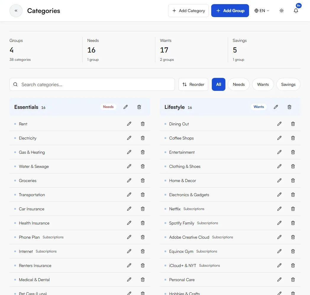 Categories page with an Essentials group tagged Needs and a Lifestyle group tagged Wants
