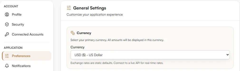 Account Settings Preferences tab with the Currency section and USD selected