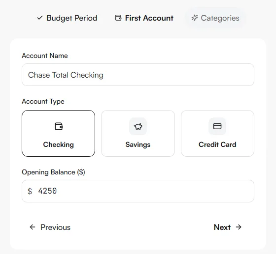 First Account step with Account Name, Account Type and Opening Balance