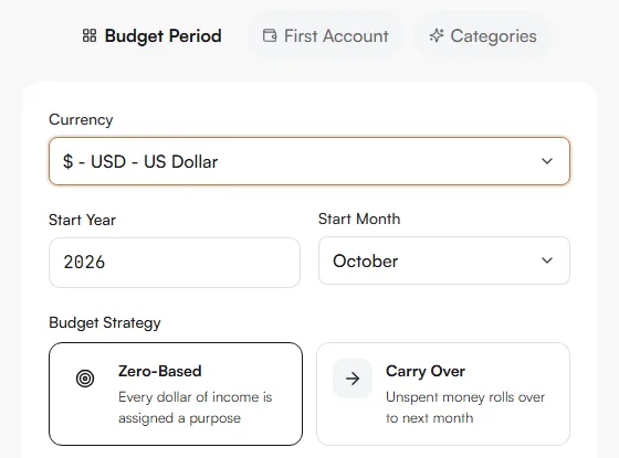 Budget Period step with Currency, Start Year, Start Month and Budget Strategy fields
