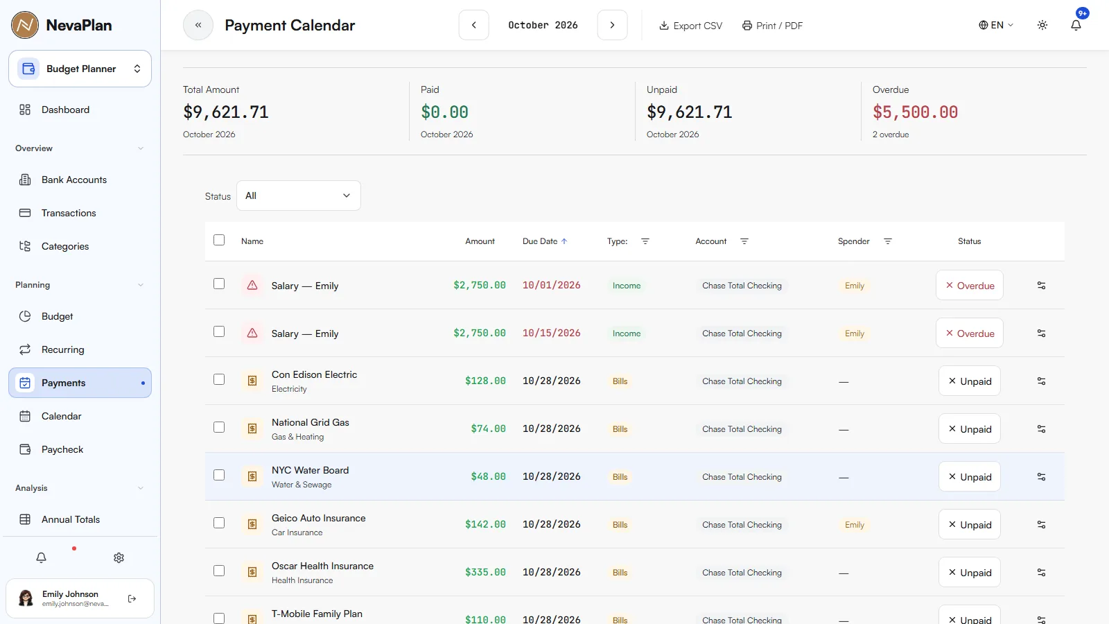 Payment Calendar page listing salary and bills with Overdue and Unpaid status buttons
