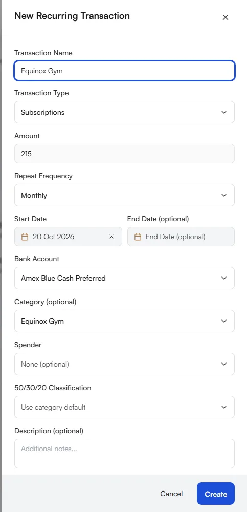 New Recurring Transaction panel with name, type, amount, frequency, dates, bank account and category