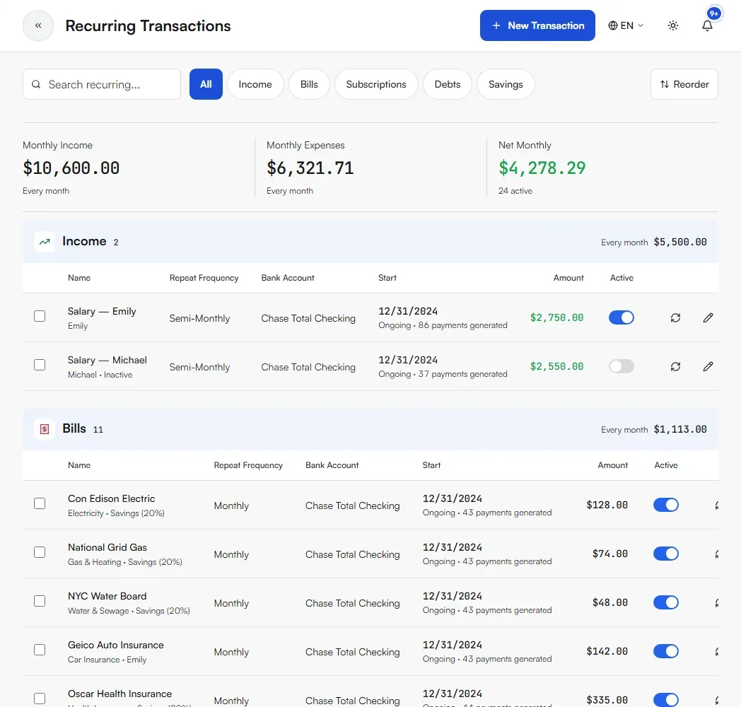 Recurring Transactions page with Monthly Income, Monthly Expenses, Net Monthly and the Income and Bills groups
