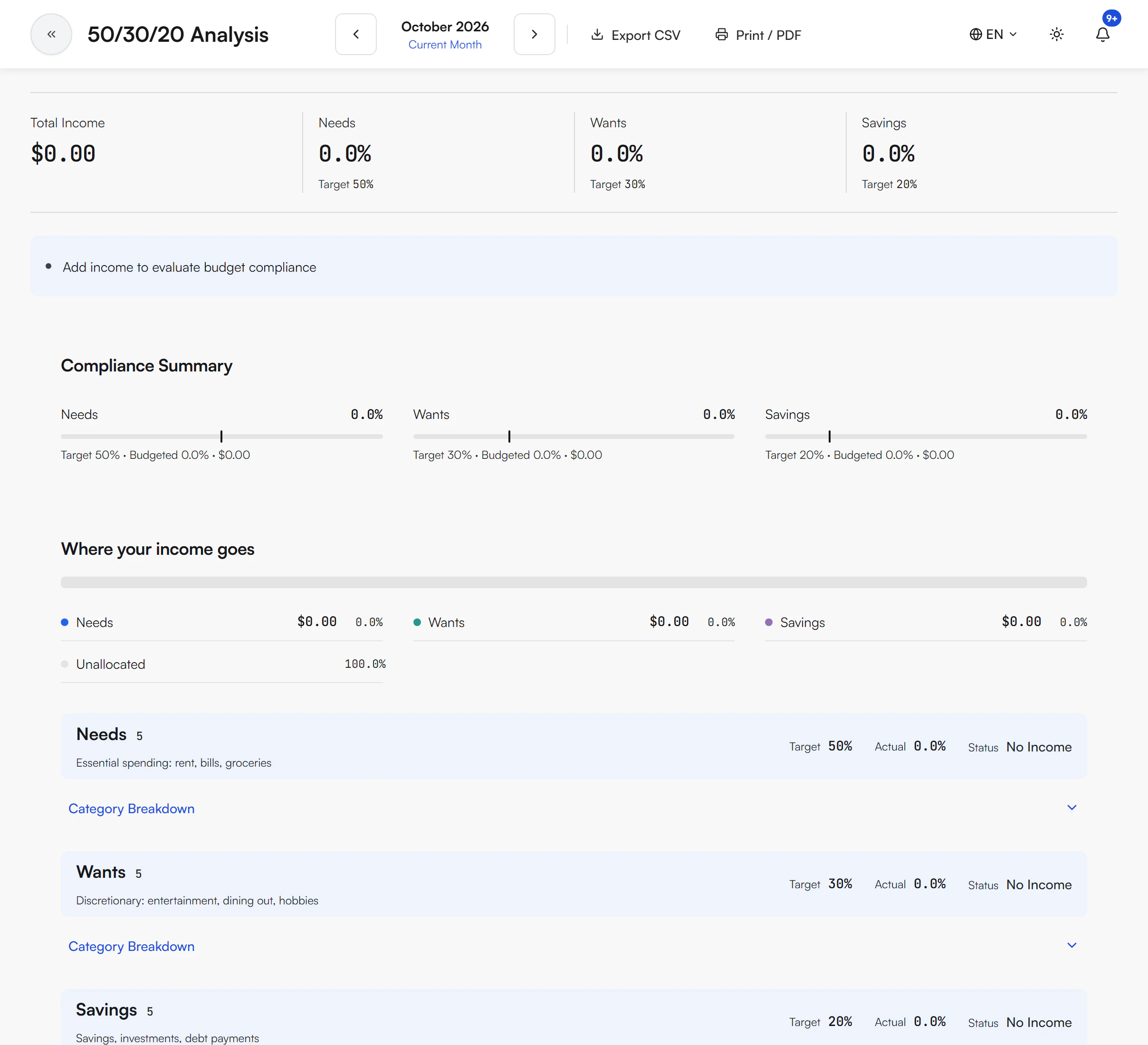 50/30/20 Analysis page with Total Income, Compliance Summary, Where your income goes and a Category Breakdown table