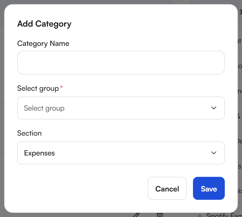 Add Category dialog with an empty Category Name field, a required Select group dropdown, and a Section dropdown set to Expenses, with Cancel and Save buttons