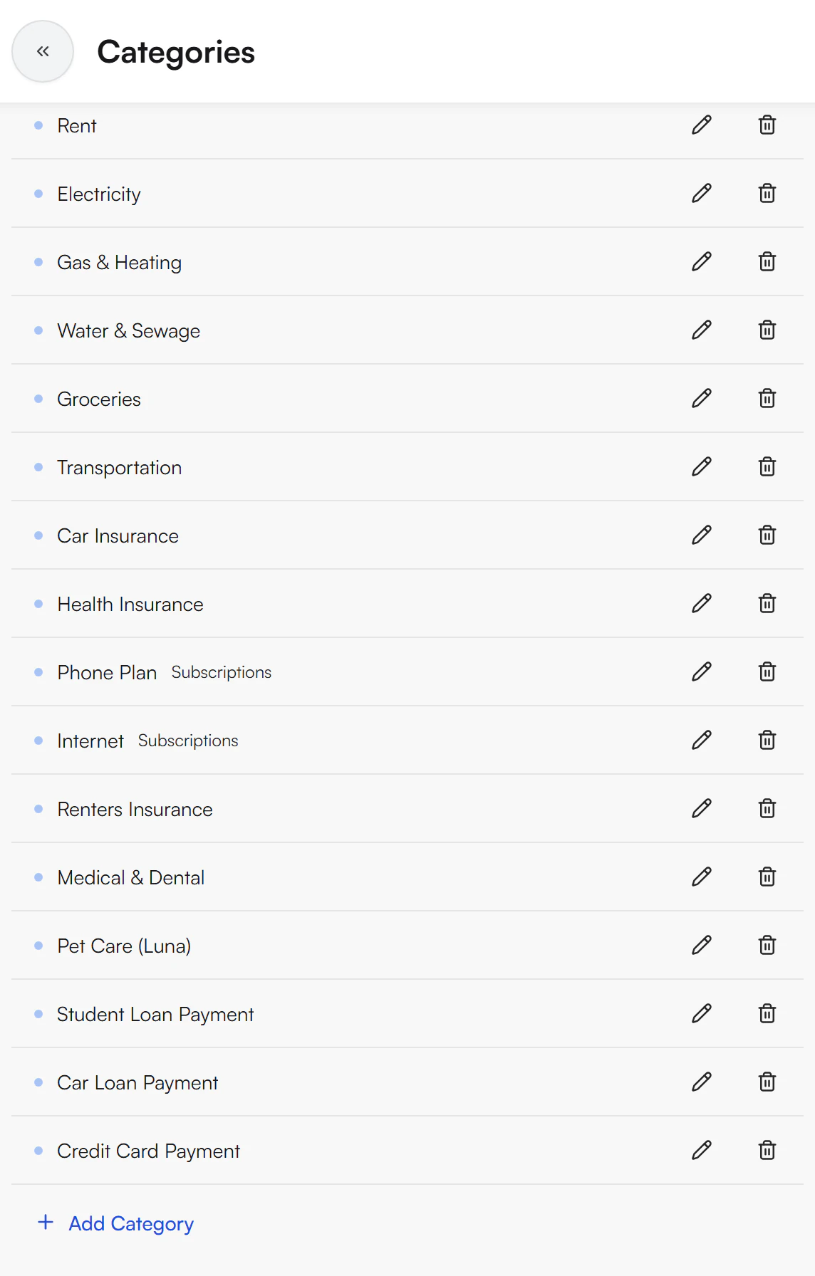 Categories list with the Essentials group's categories Rent, Electricity, Gas and Heating, Water and Sewage and others, each with edit and delete icons, and an Add Category link at the bottom