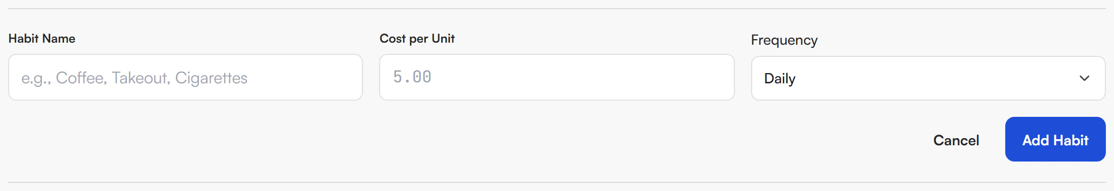 Add Habit form with Habit Name field, Cost per Unit field set to placeholder 5.00, Frequency set to Daily, and Cancel and Add Habit buttons