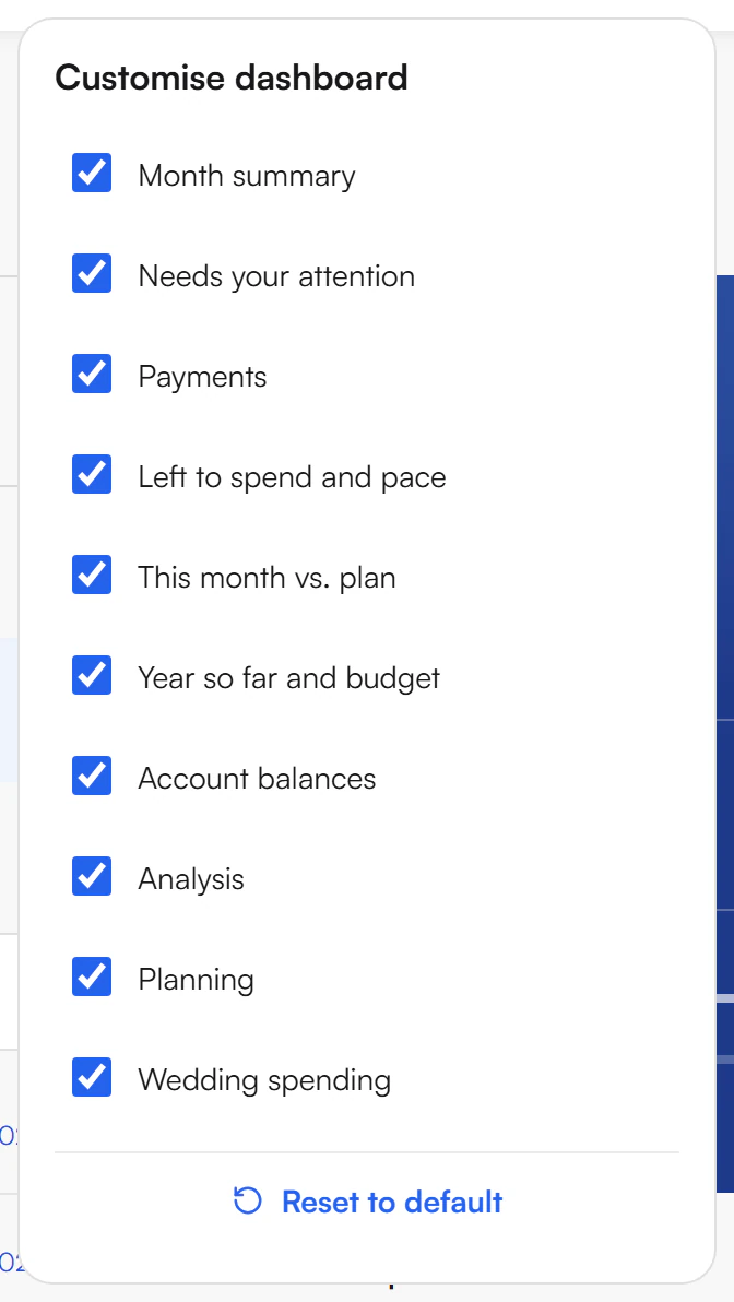 Customise dashboard panel with a checkbox for each dashboard section and a Reset to default button