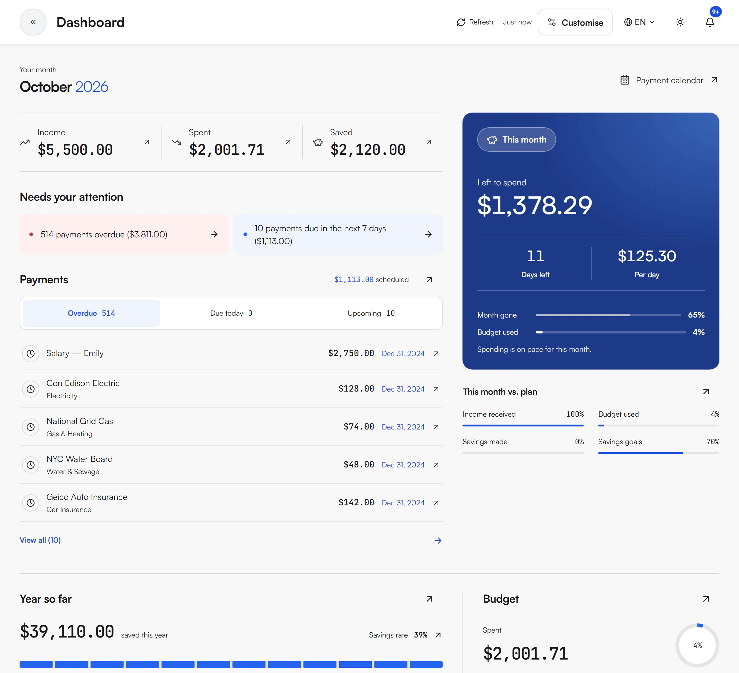 Budget Planner dashboard with the month header, Income, Spent and Saved, Needs your attention, the Payments tabs and the This month card