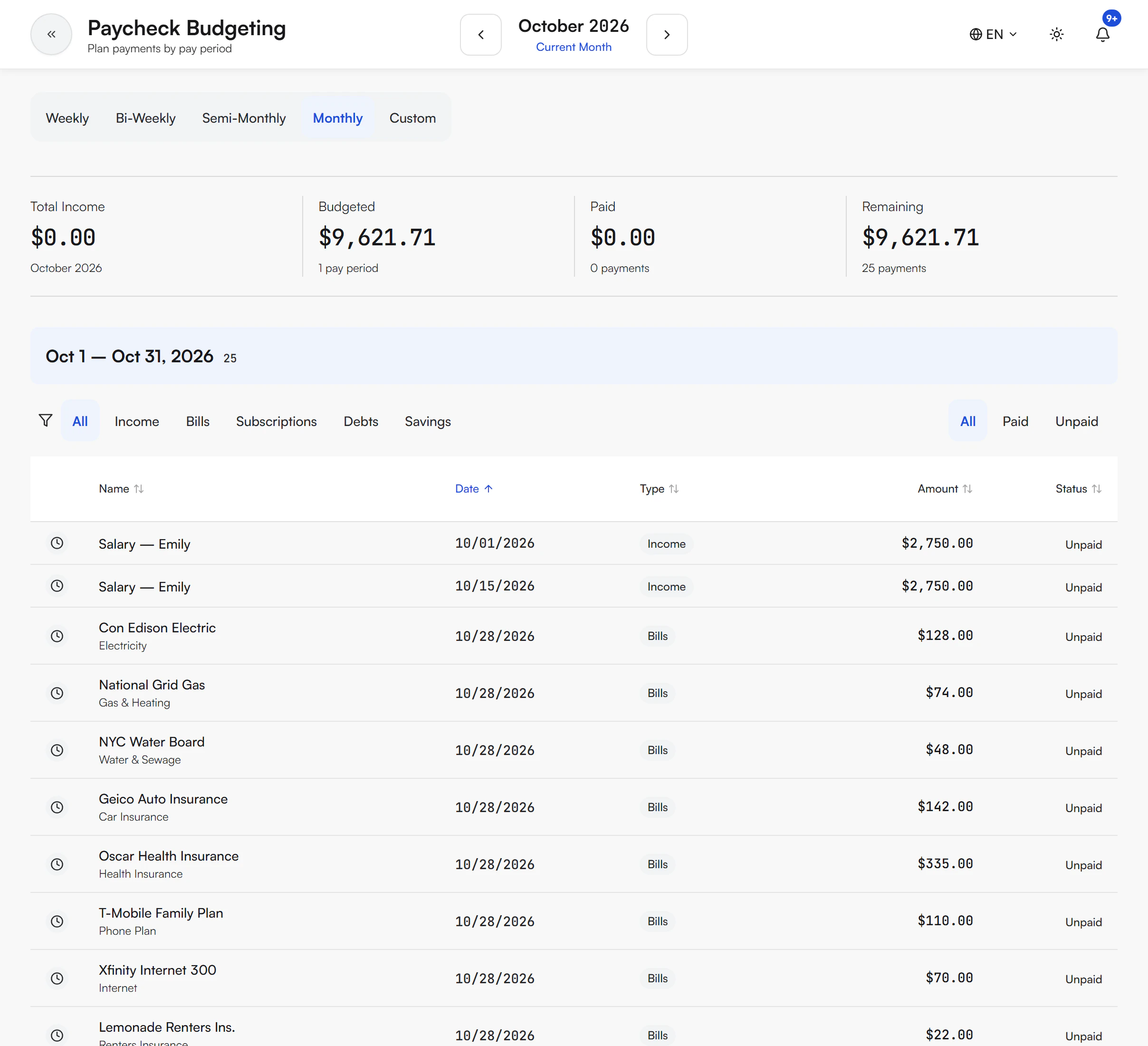 Paycheck Budgeting page with Total Income $0.00, Budgeted $9,621.71, Paid $0.00 and Remaining $9,621.71, the period heading Oct 1 — Oct 31, 2026, and a payments table with Name, Date, Type, Amount and Status columns