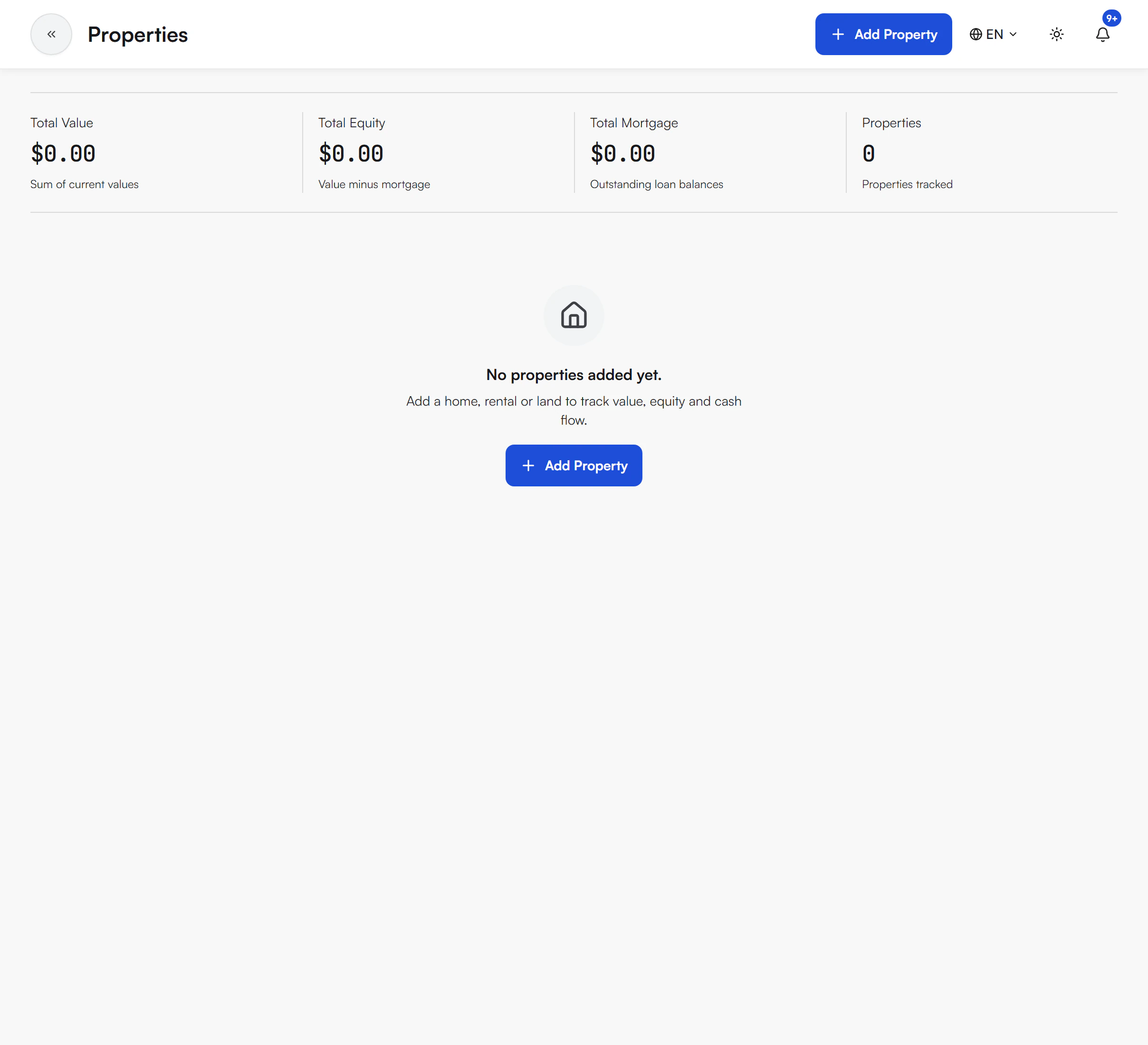 Properties page with Total Value, Total Equity, Total Mortgage at $0.00 and Properties at 0, a house icon with the text No properties added yet and an Add Property button