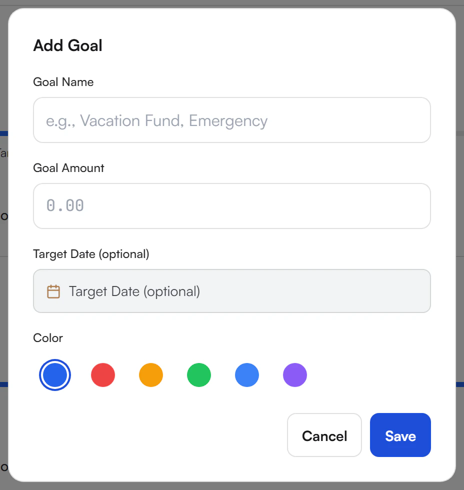 Add Goal dialog with fields Goal Name, Goal Amount, Target Date (optional), a Color row of six colour circles, and Cancel and Save buttons