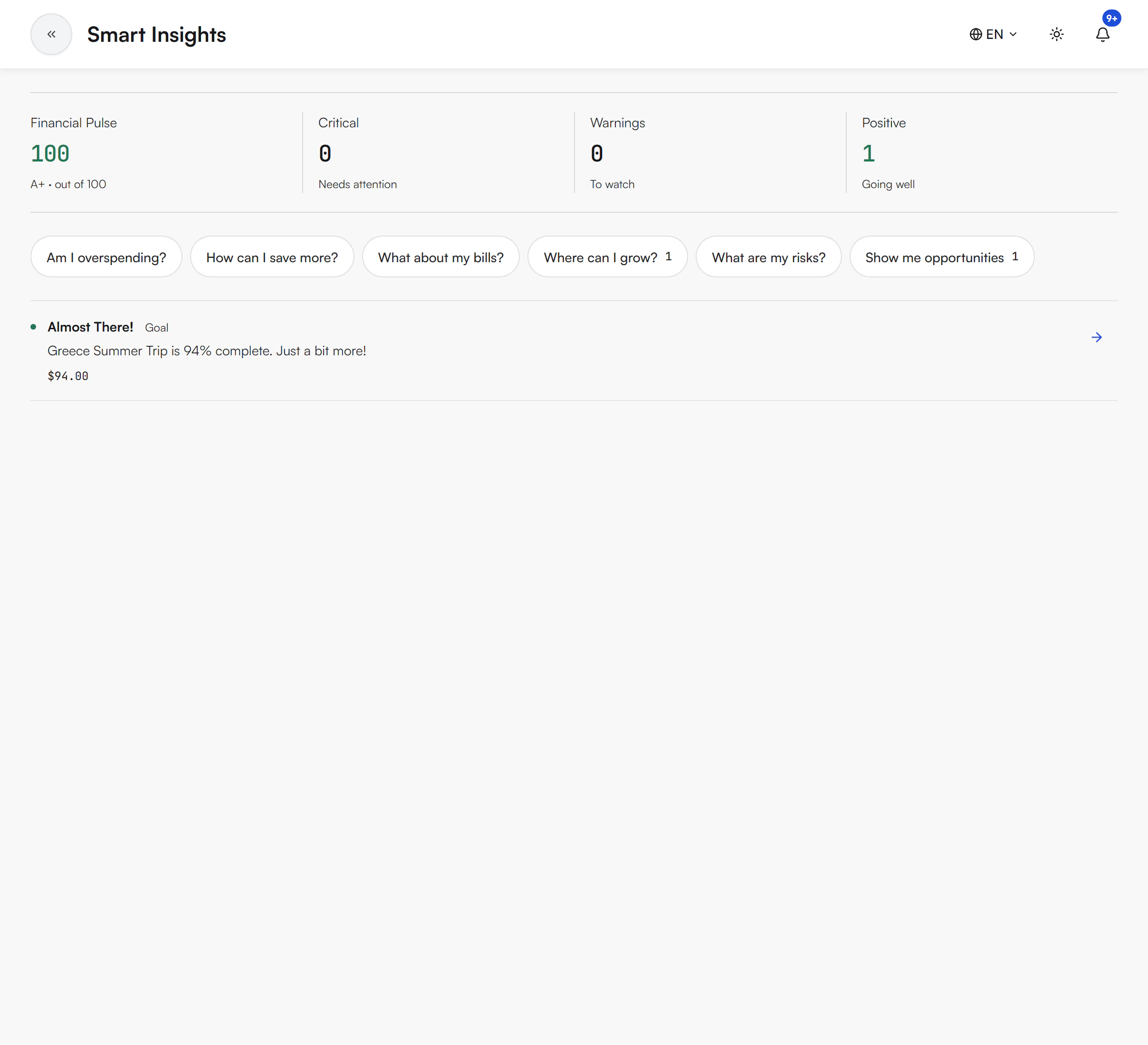 Smart Insights page with Financial Pulse at 100 and the grade A+ out of 100, Critical 0, Warnings 0 and Positive 1, six question chips including Where can I grow? and Show me opportunities with a count of 1, and one insight called Almost There! about the Greece Summer Trip goal being 94 percent complete
