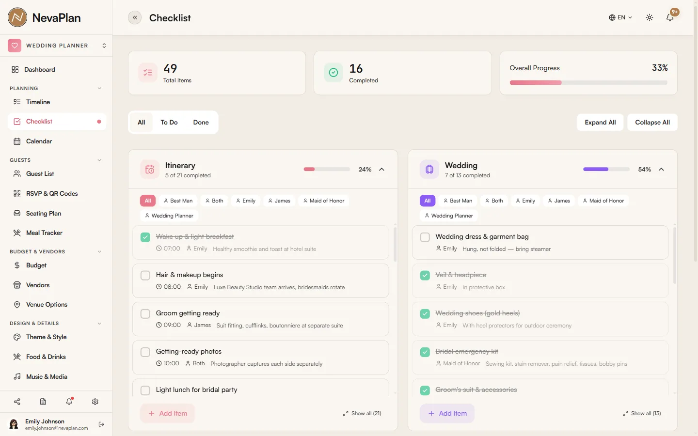 Checklist sections with progress