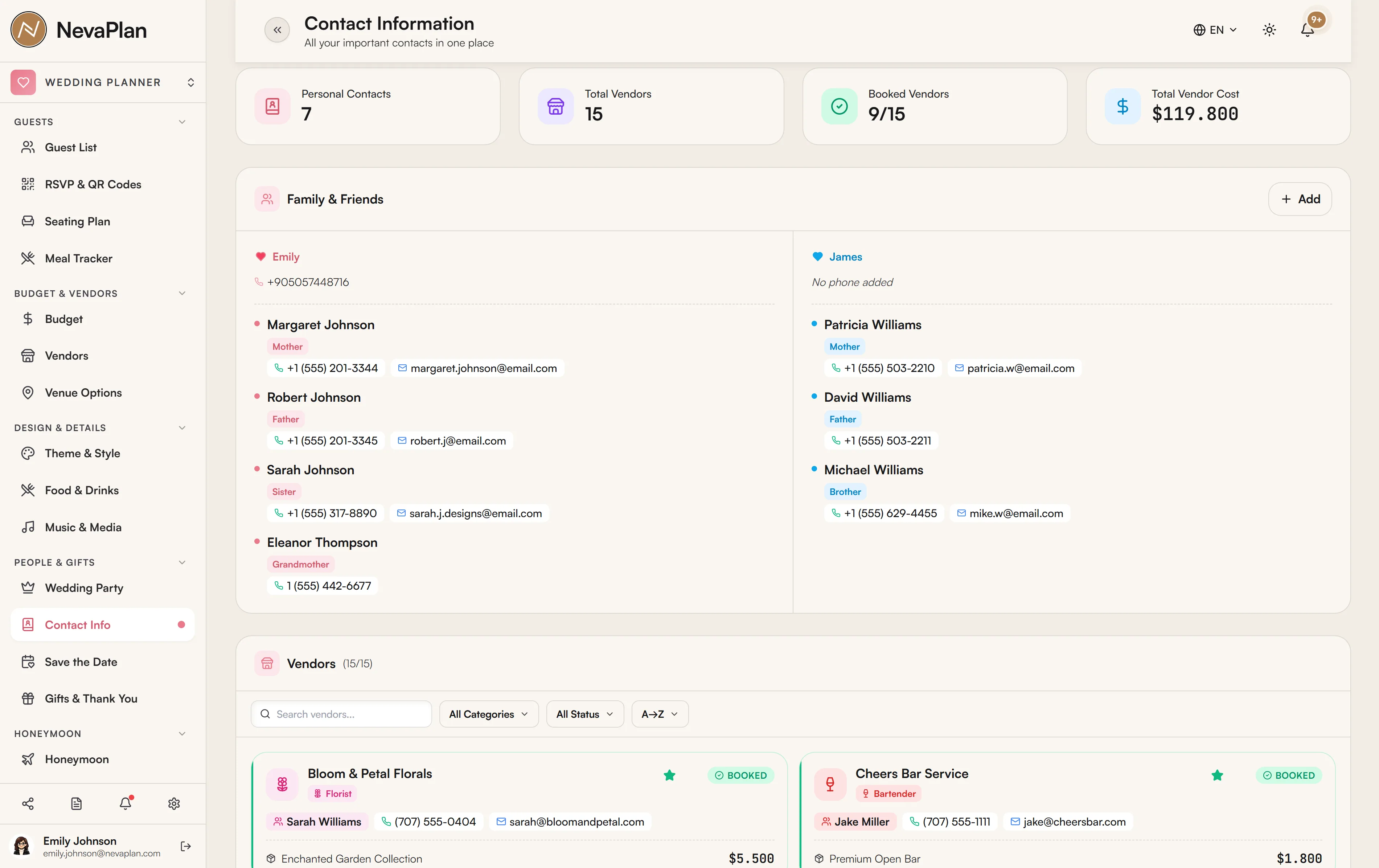 Contacts directory grouped by relationship