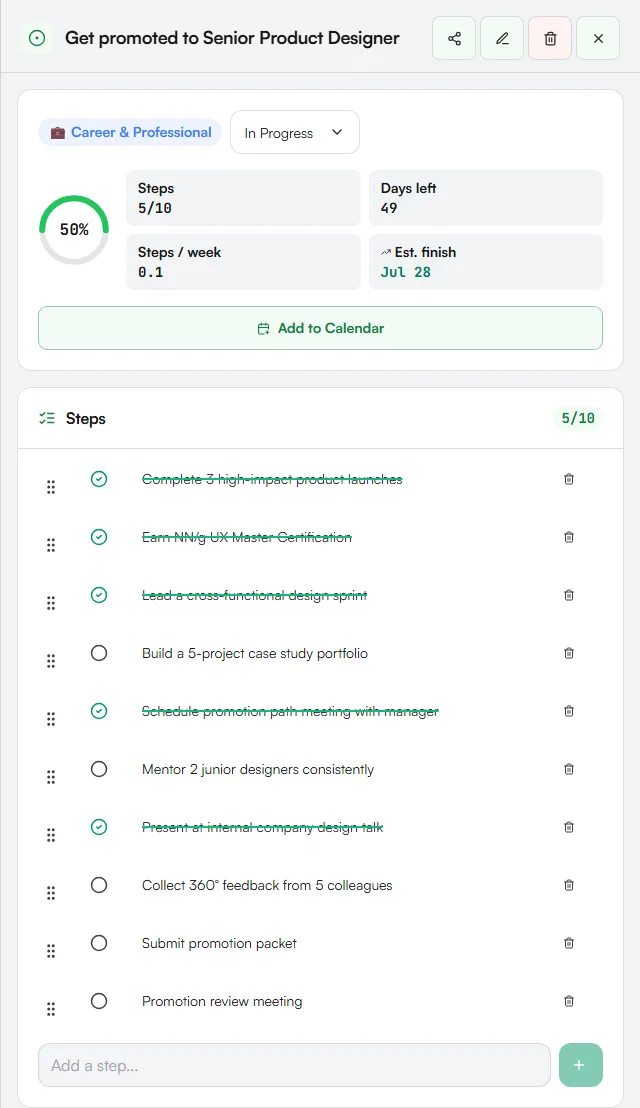 Goal detail panel showing 50% progress and a list of steps