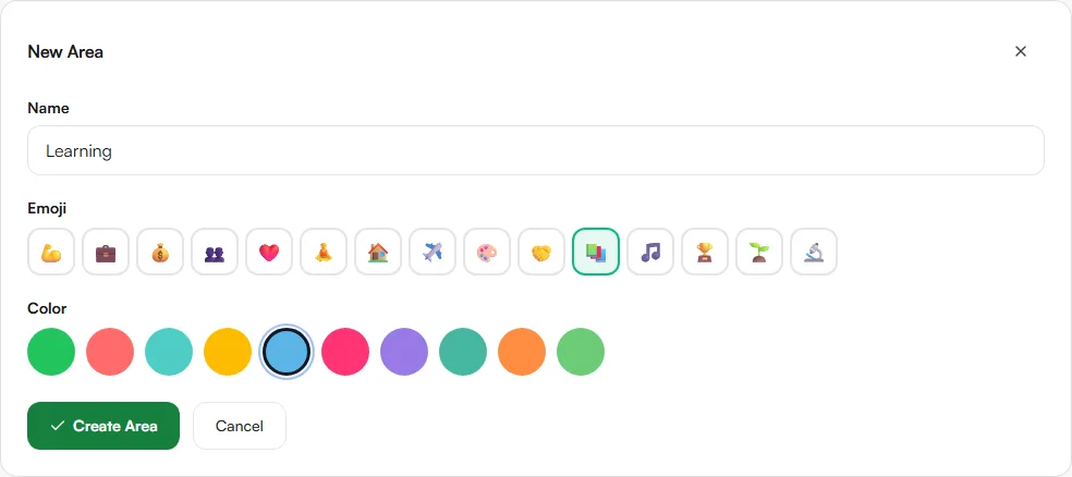 New Area form with the name Learning, a books emoji and a blue color selected