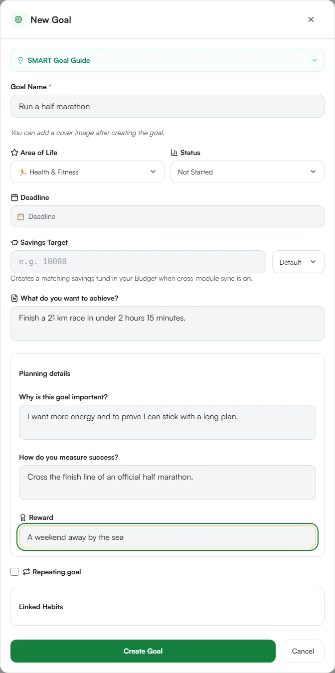 New Goal form filled in for a half marathon goal