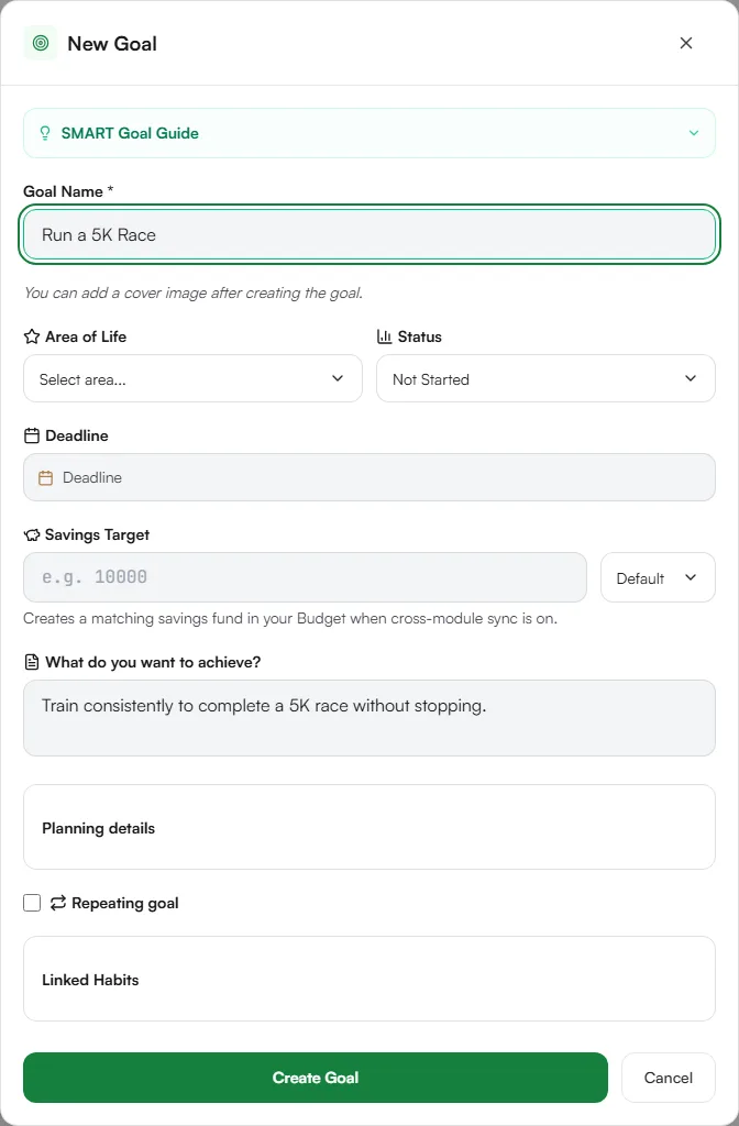 New Goal form with the name Run a 5K Race and its description filled in