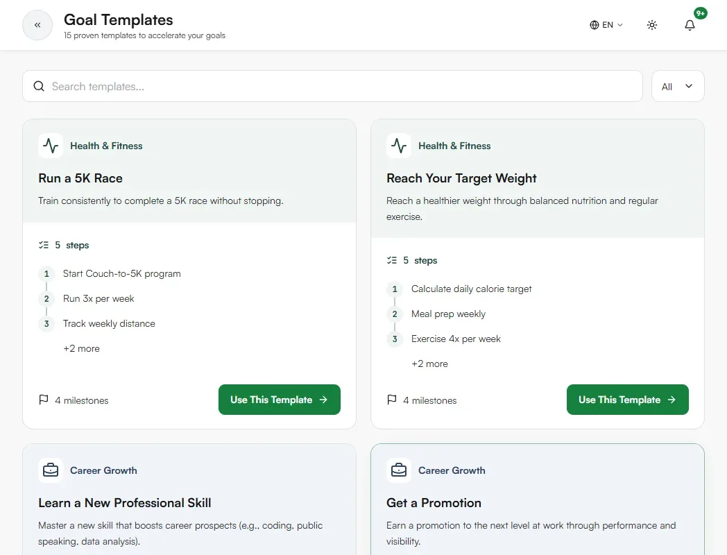 Goal Templates page showing template cards with steps and milestones