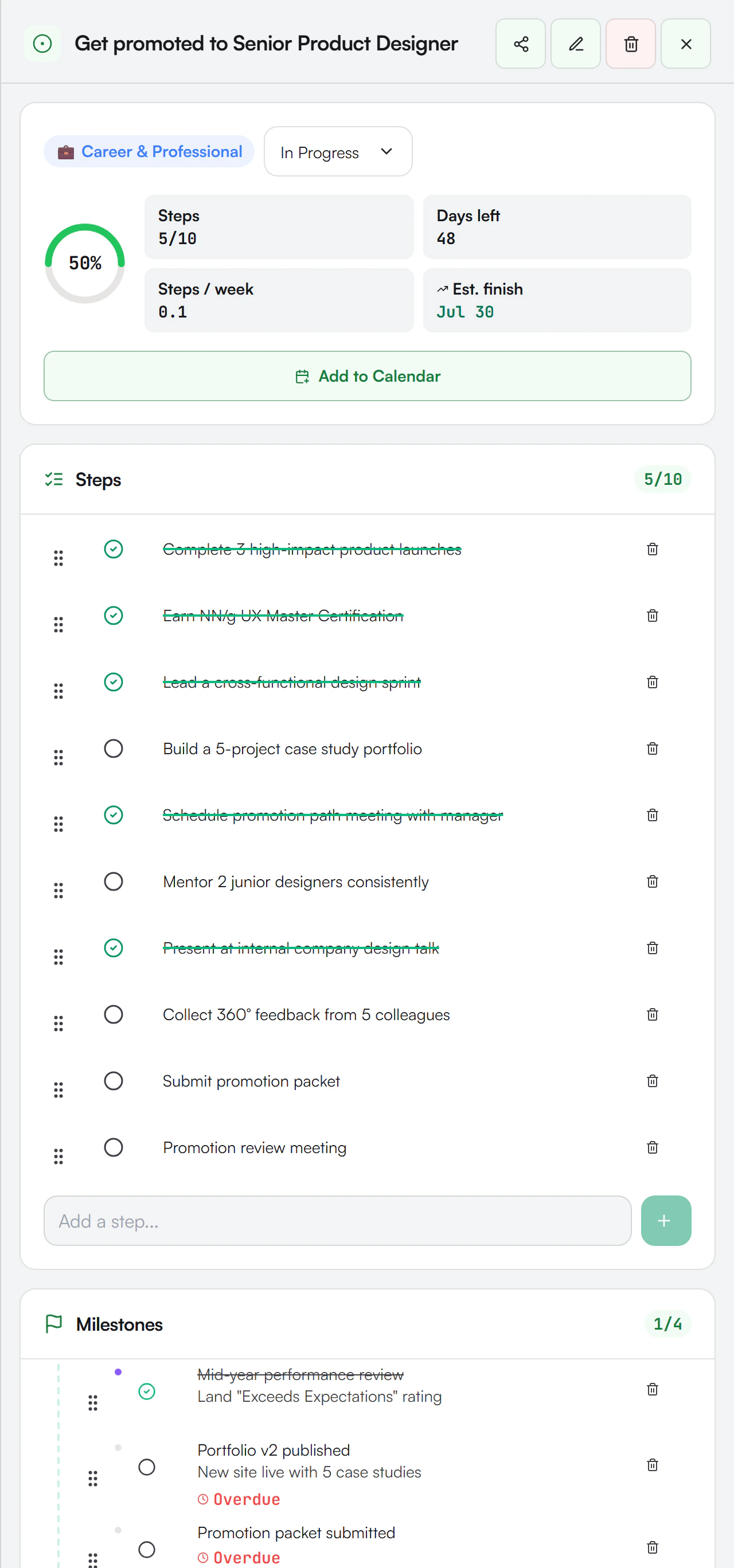 Goal detail panel with the share, edit, delete and close buttons, status select, progress ring and steps list