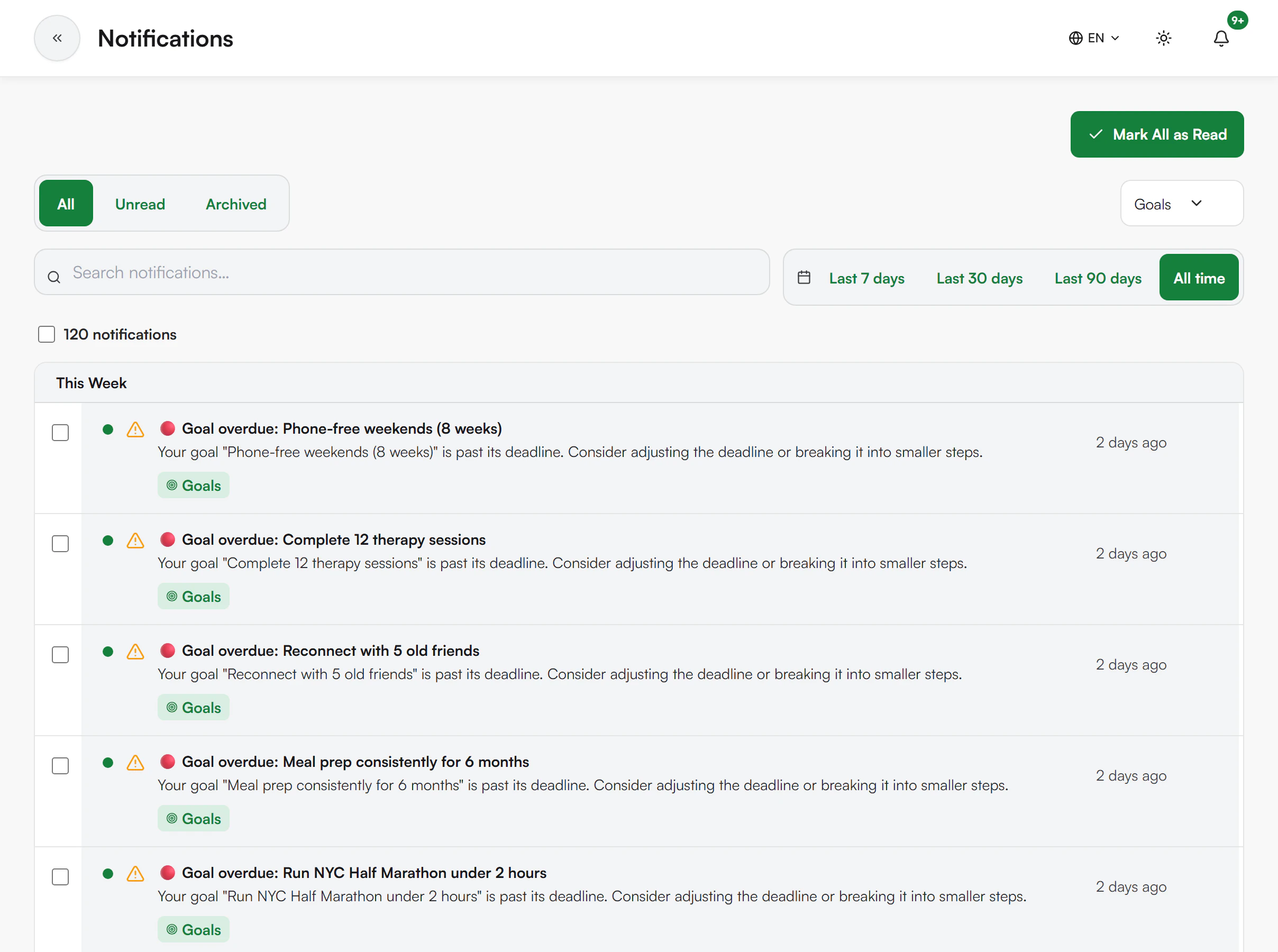 Notifications page with All, Unread and Archived tabs, a module filter set to Goals, date range buttons and overdue goal messages