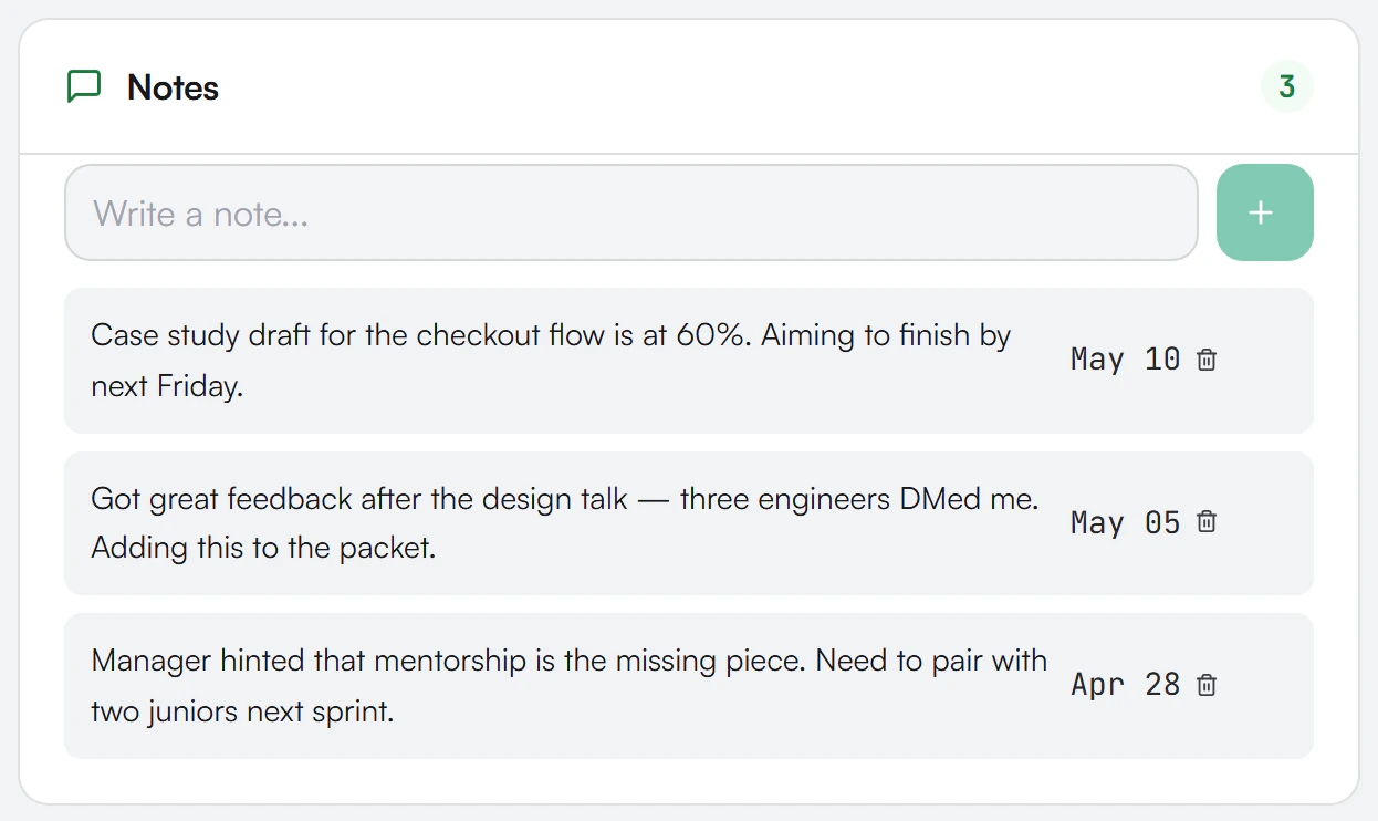 Notes section with the Write a note field, a plus button and three saved notes with dates
