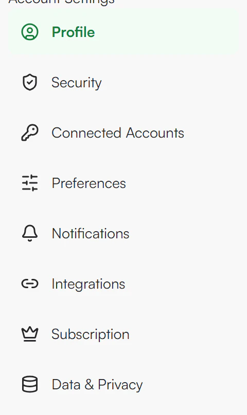 Settings tab list with Profile active, followed by Security, Connected Accounts, Preferences, Notifications, Integrations, Subscription and Data and Privacy