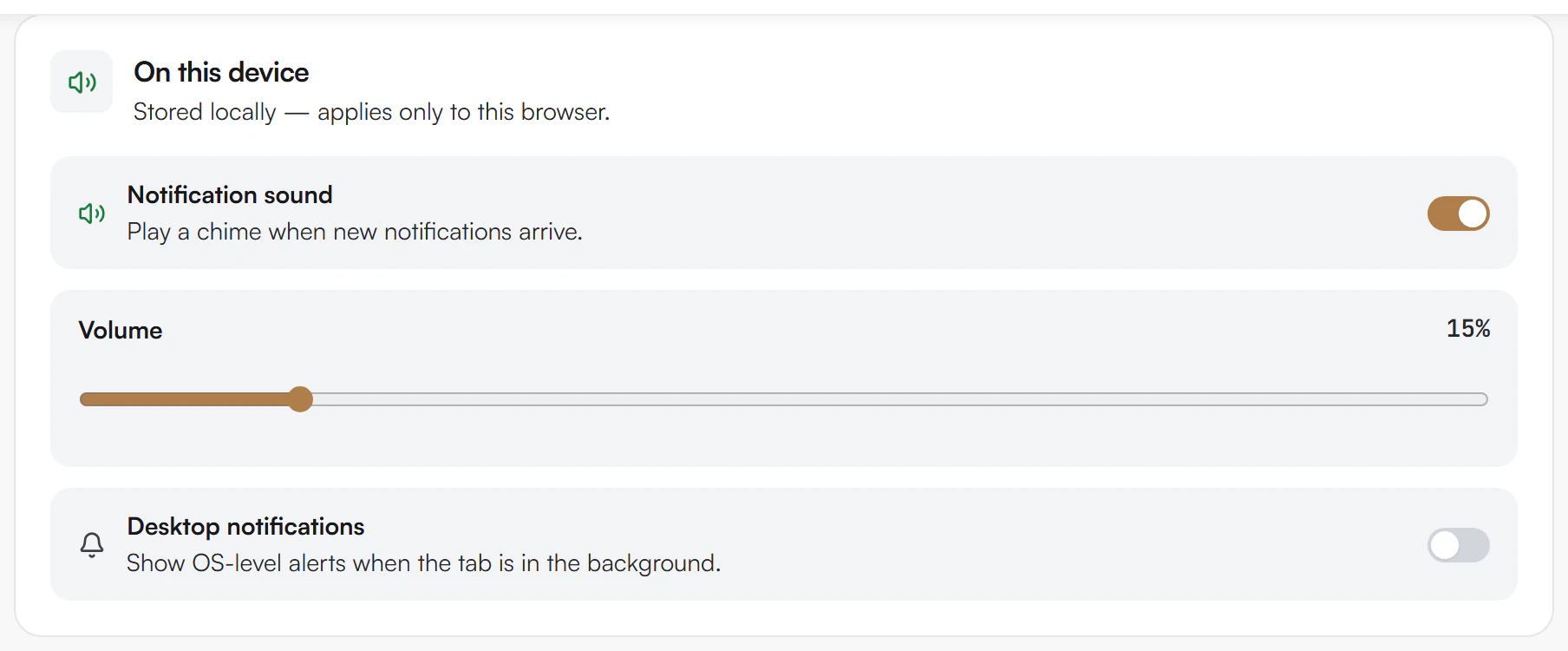 Notifications tab with a Notification sound switch on, a Volume slider at 15 percent and a Desktop notifications switch off