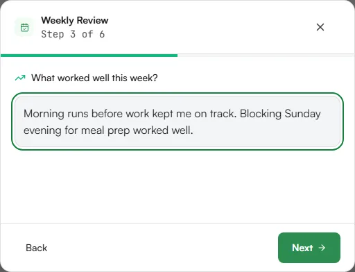 Weekly Review question What worked well this week with an answer typed in