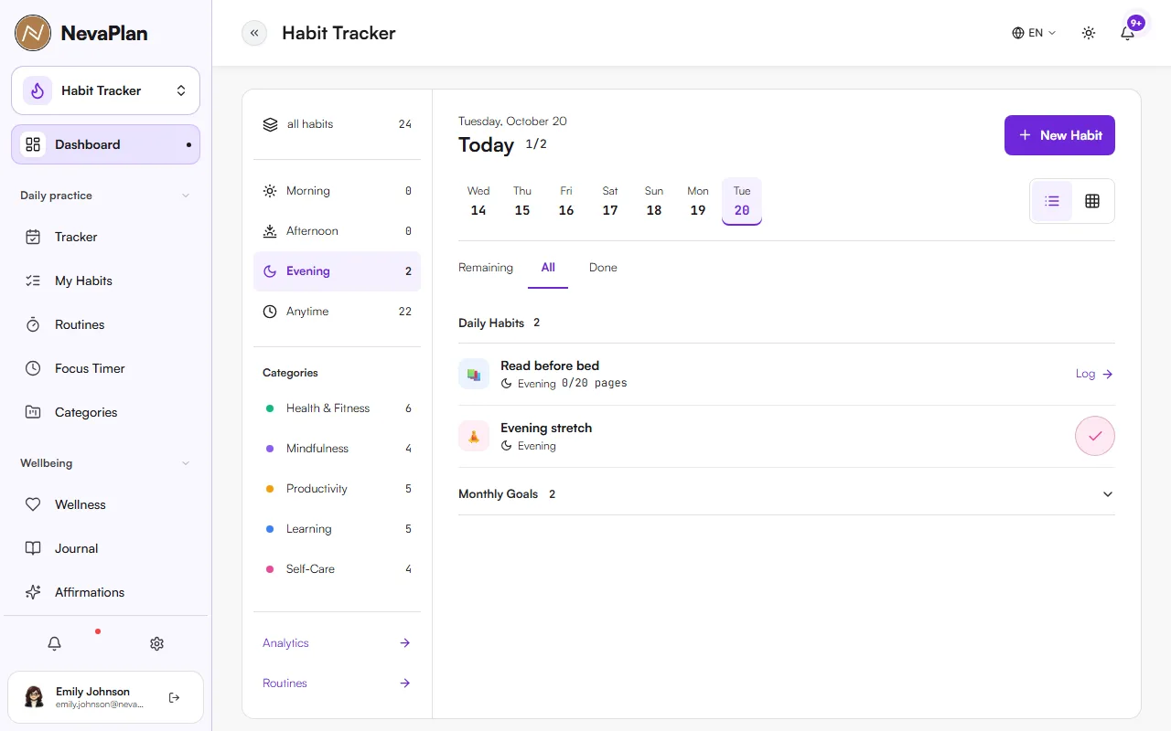 Dashboard filtered to Evening habits with one habit marked complete and the counter showing 1 of 2