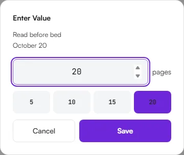 Enter Value dialog for Read before bed on October 20 with 20 pages selected