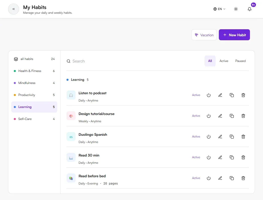 My Habits page listing the habits in the Learning category with action icons on each row