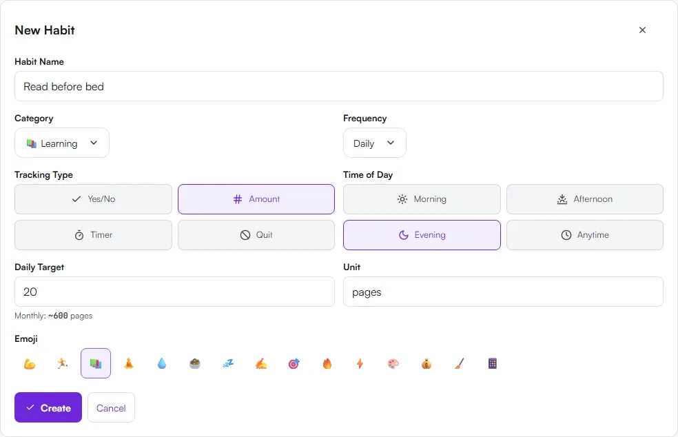 New Habit form with name, category, frequency, tracking type, time of day, daily target, unit and emoji fields