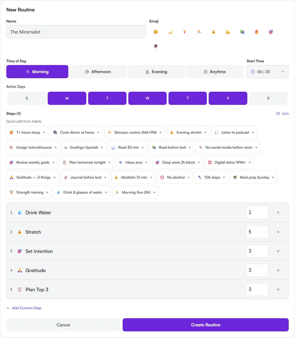 New Routine form with name, emoji, time of day, start time, active days, quick-add habit chips and five steps with durations