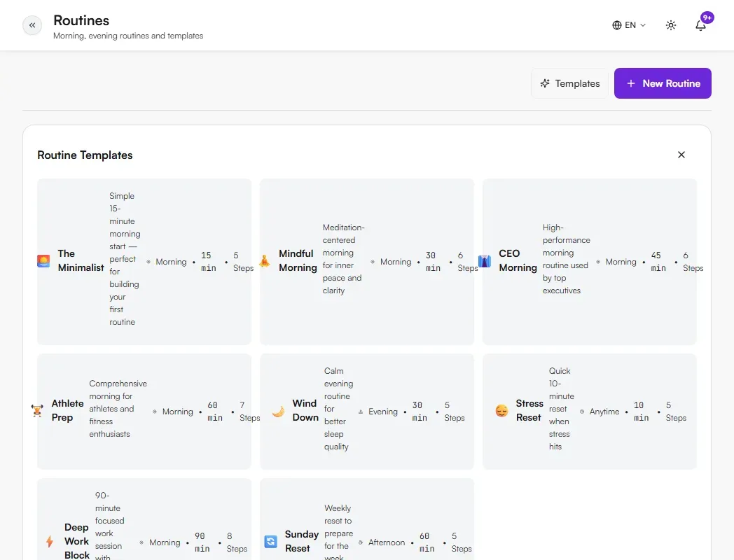 Routine Templates panel listing templates such as The Minimalist, Mindful Morning, CEO Morning, Athlete Prep, Wind Down and Stress Reset