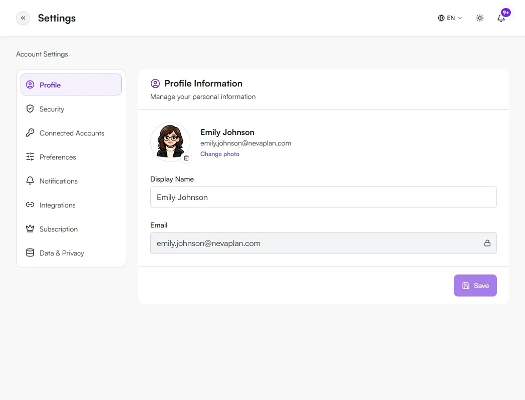 Settings page with Profile selected, showing display name and email fields