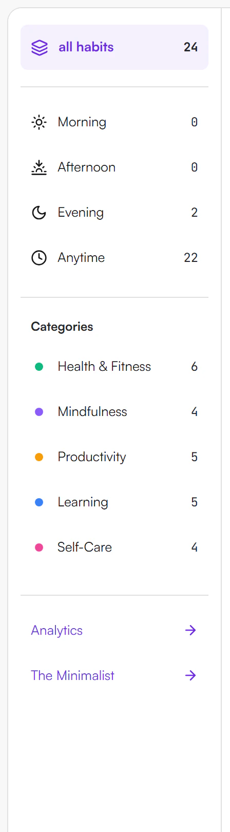 Habit Tracker dashboard rail listing all habits, Morning, Afternoon, Evening and Anytime with counts, and the category list