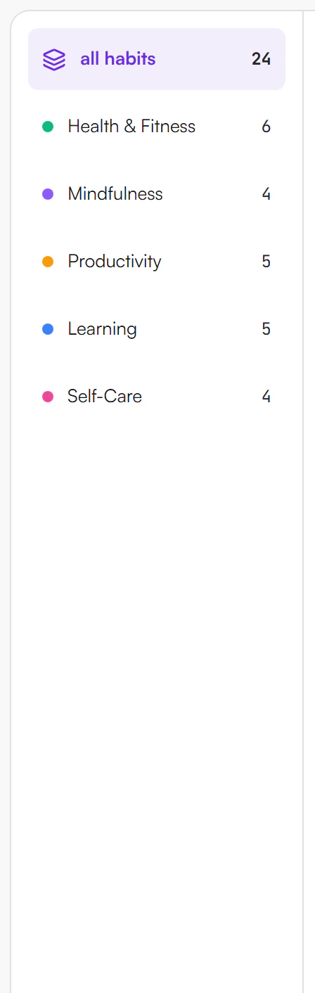 Category rail on My Habits with an all habits entry and one entry per category, each with a colour dot and a count