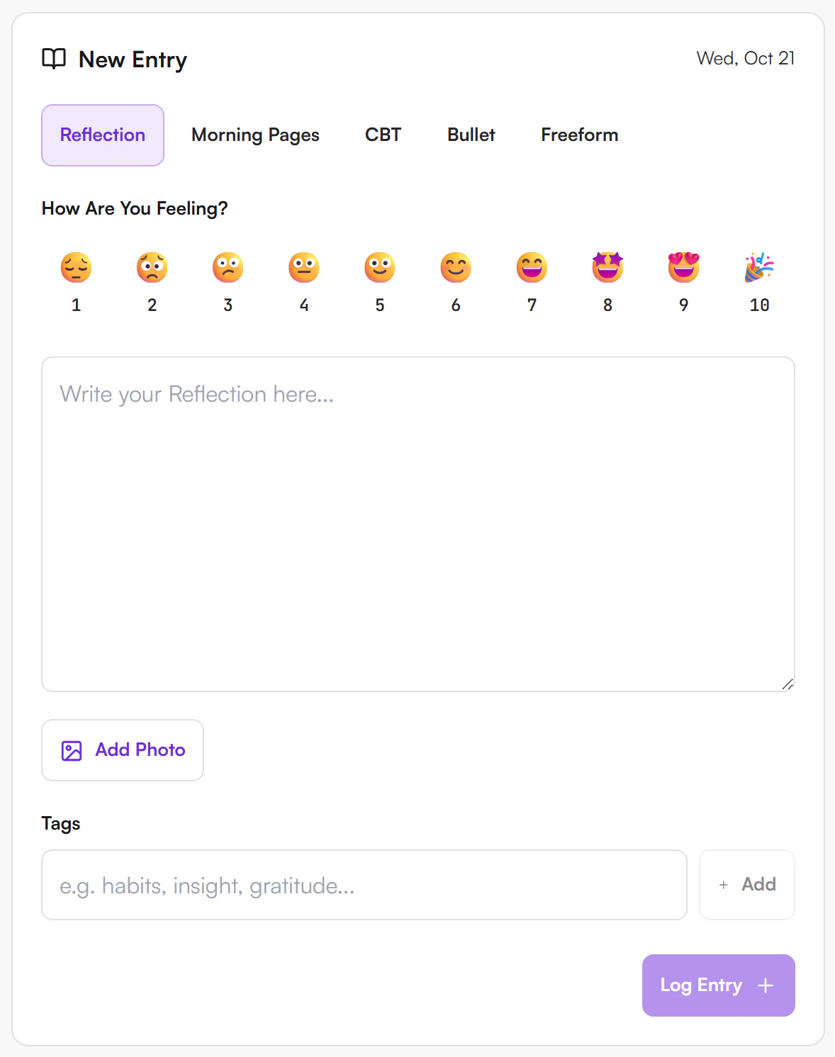 New entry form with How Are You Feeling? mood buttons from 1 to 10, entry type buttons Reflection, Morning Pages, CBT, Bullet and Freeform, a text area, photo and tags fields