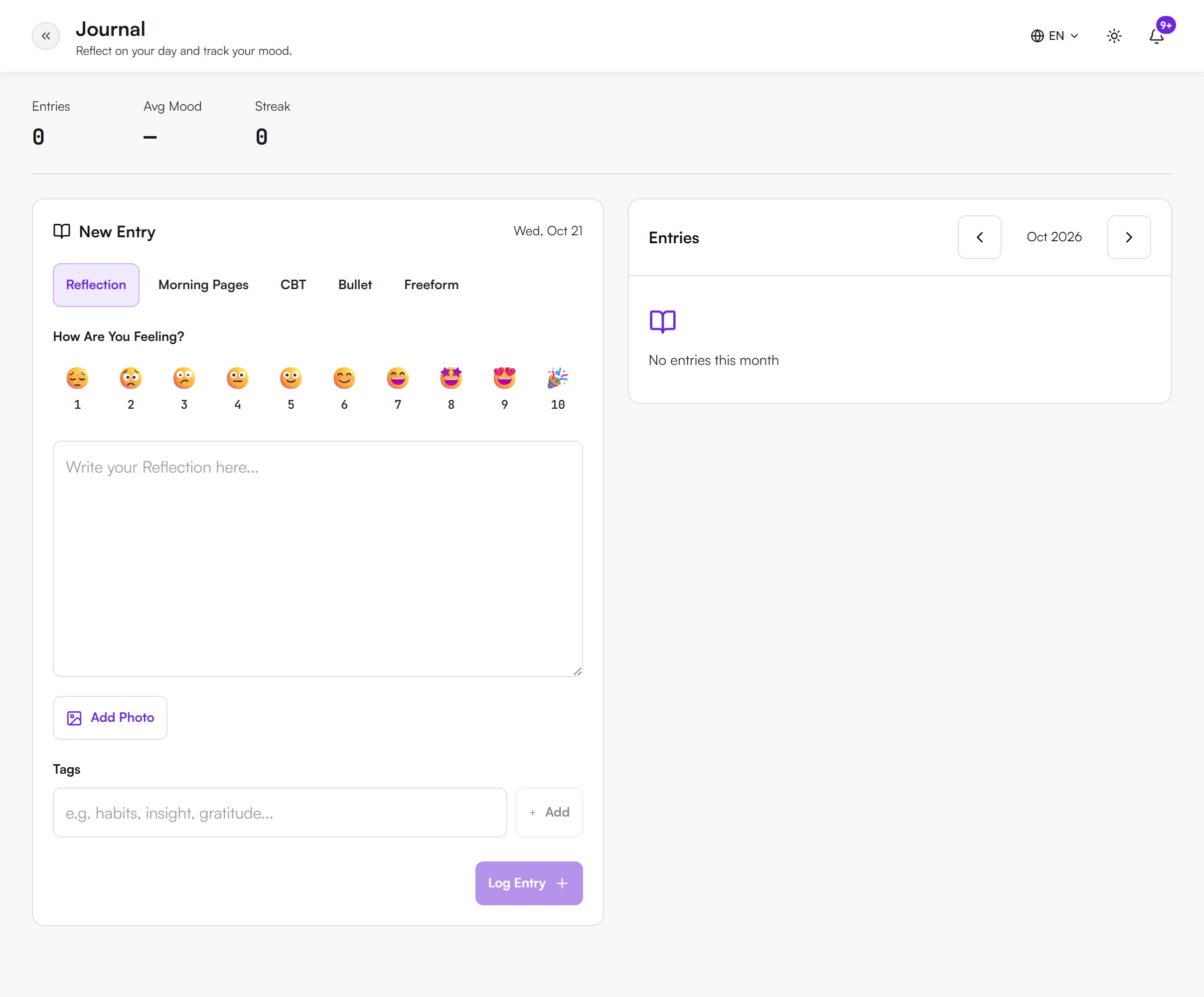 Journal page with Entries, Avg Mood and Streak figures at the top, a New Entry button, and a list of entries for the month with their mood
