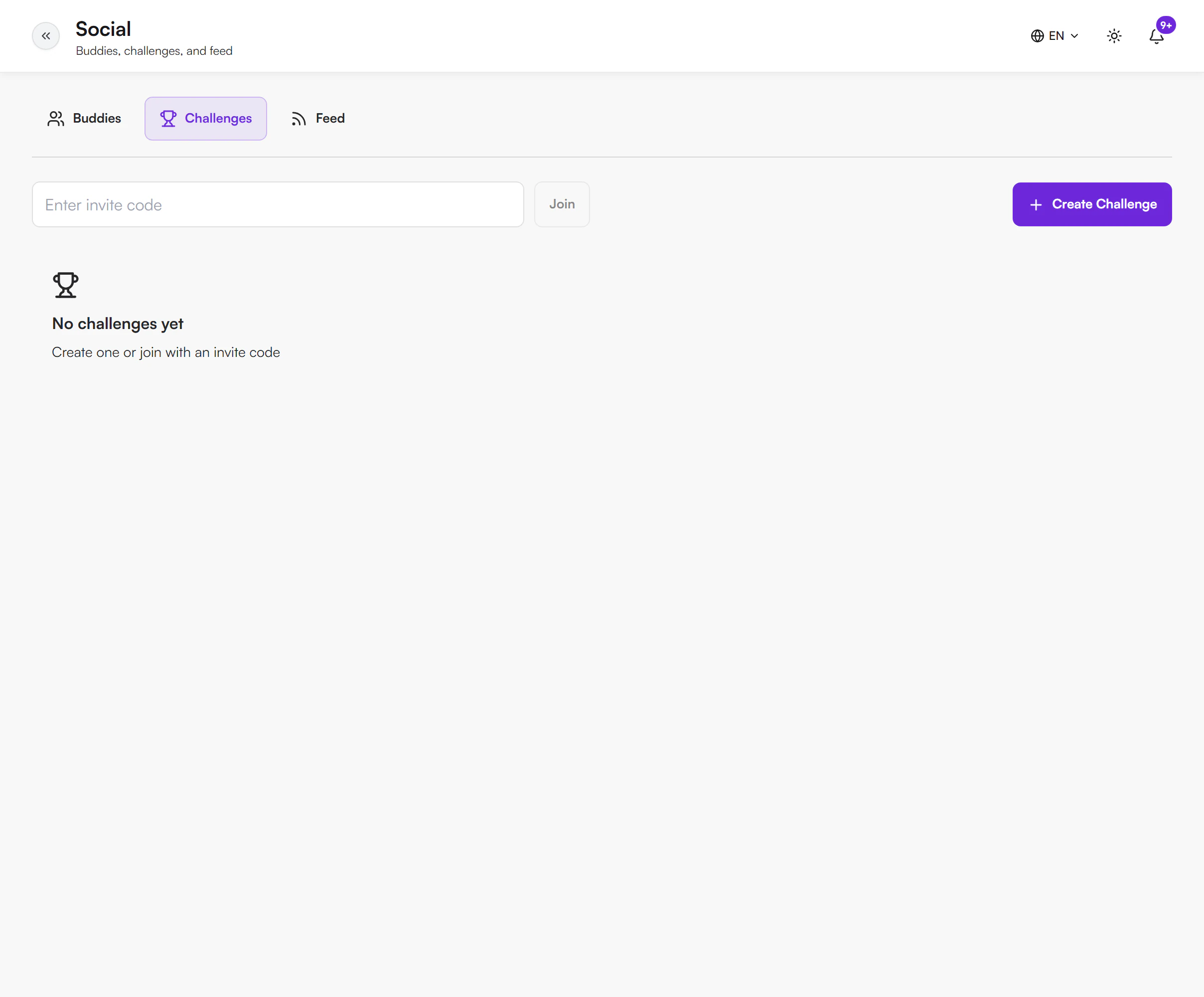 Challenges tab with a Create Challenge button, a field to enter an invite code with a Join button, and a list area that says No challenges yet