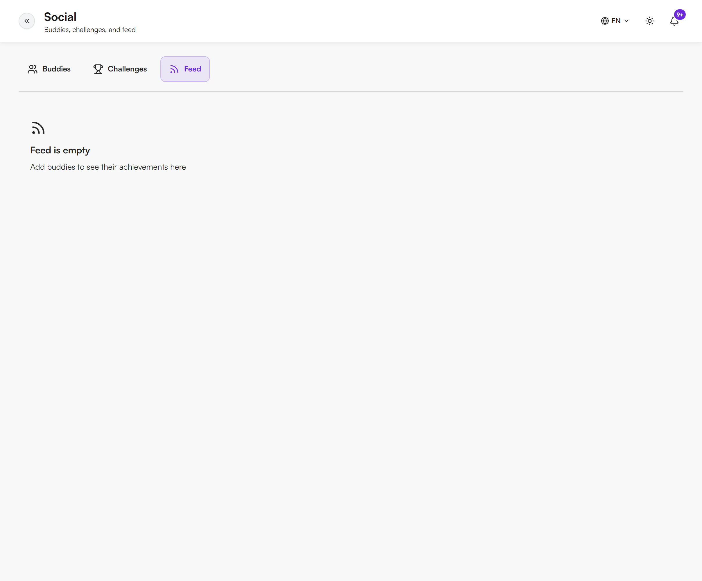 Feed tab showing an empty state that says Feed is empty and Add buddies to see their achievements here