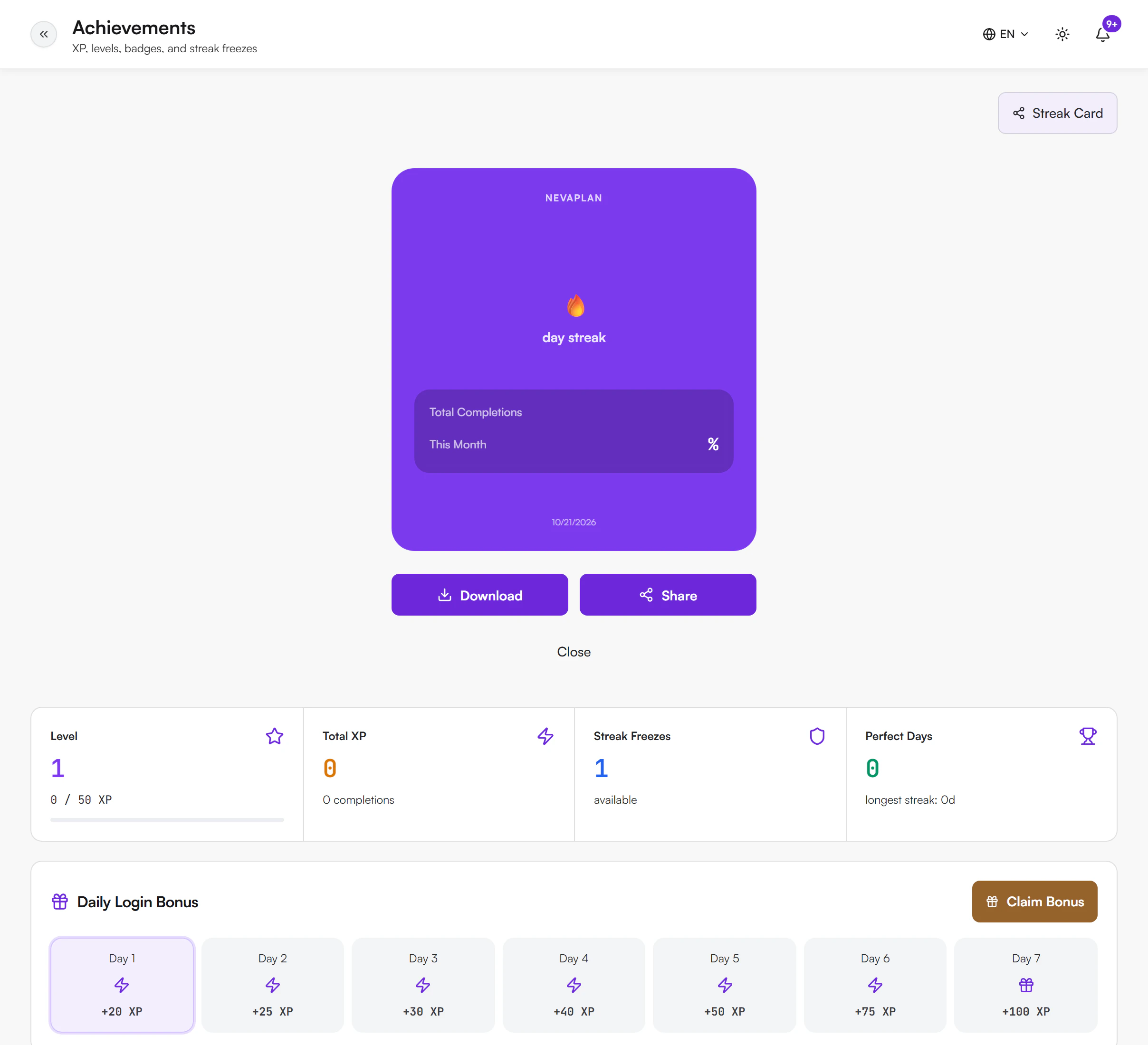 Streak Card showing a streak in days for a habit, total completions and this month's count, with Download and Share buttons