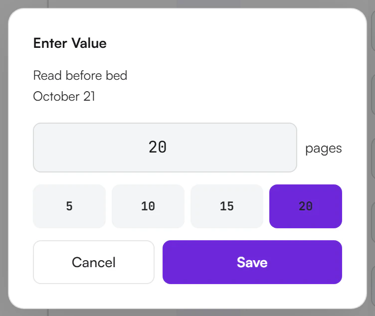 Enter Value dialog with the habit name and date, a number field showing 20 with the unit pages, four quick buttons for 5, 10, 15 and 20, and Cancel and Save buttons
