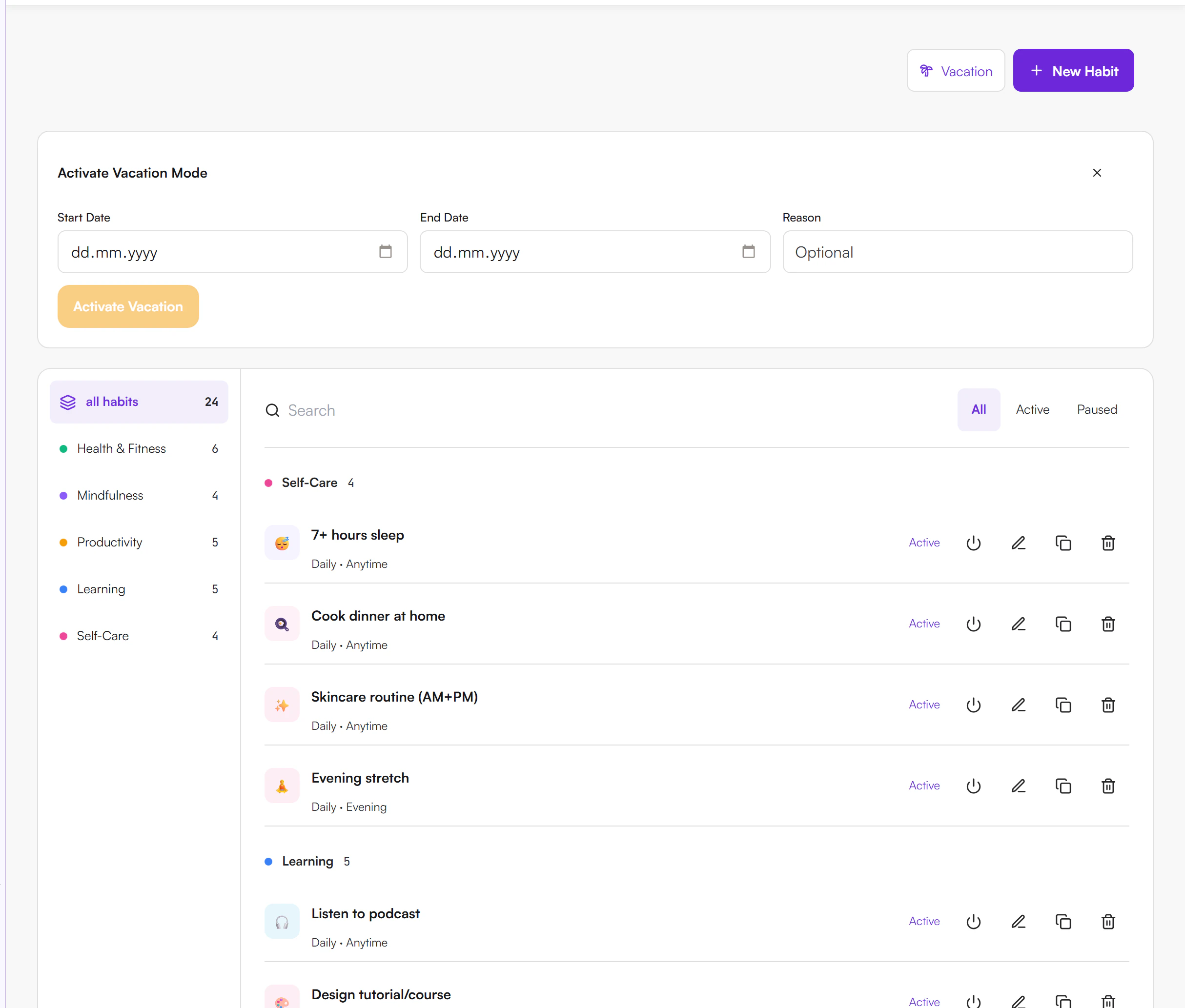 Activate Vacation Mode form with Start Date, End Date and an optional Reason field, and an Activate Vacation button